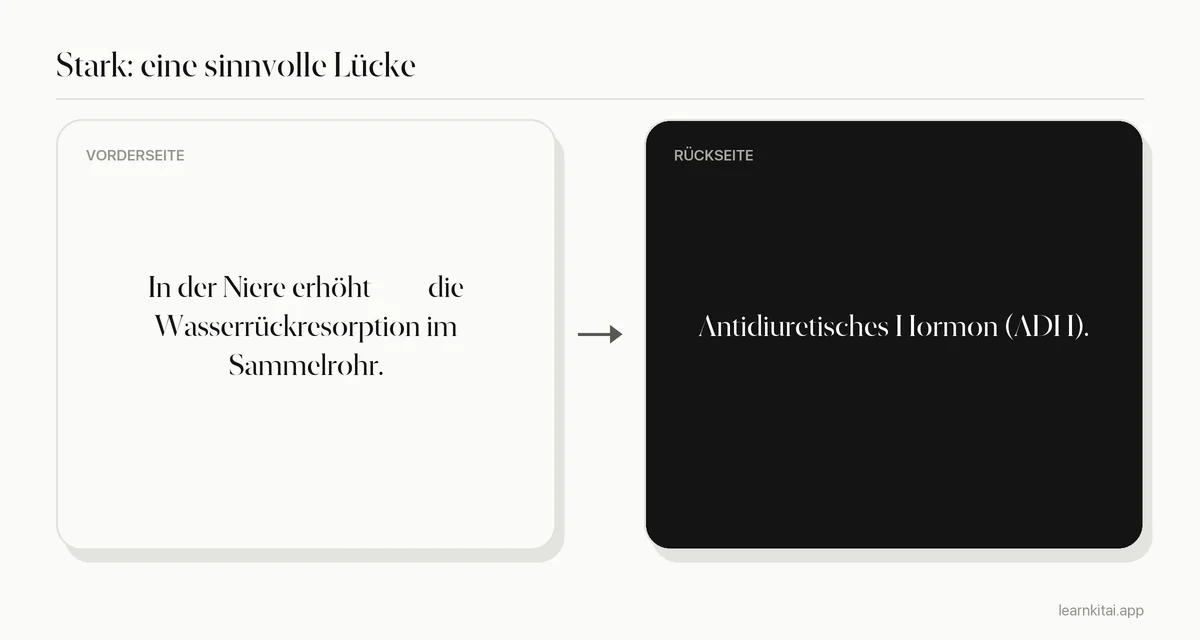 Starke Lückenkarte, die in einem Satz zur Wasserrückresorption nur den Namen des Hormons verdeckt