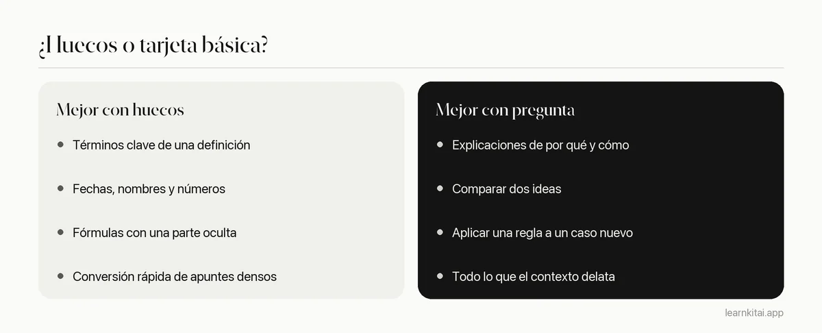 Comparación de cuándo usar tarjetas de huecos frente a tarjetas de pregunta y respuesta