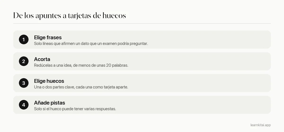 Cuatro pasos: elegir frases evaluables, acortar cada una, escoger uno o dos huecos y añadir pistas donde haga falta
