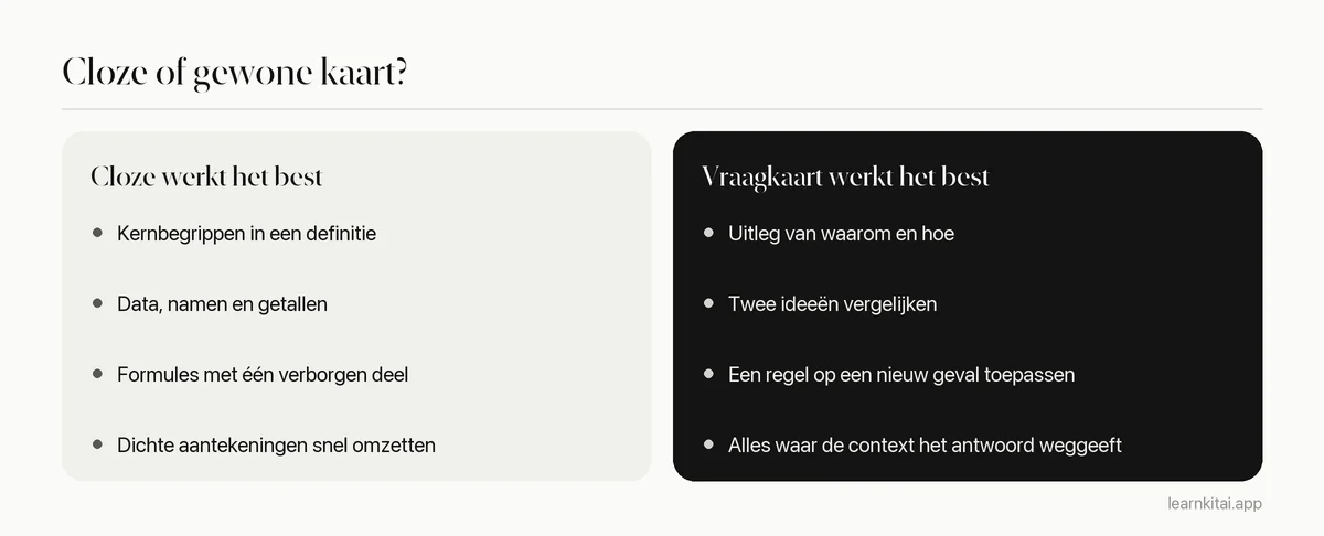 Vergelijking van wanneer je cloze-kaarten gebruikt en wanneer vraag-en-antwoordkaarten