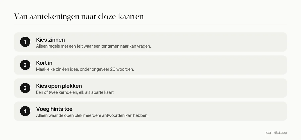 Vier stappen: kies toetsbare zinnen, kort ze in, kies een of twee open plekken, voeg zo nodig hints toe