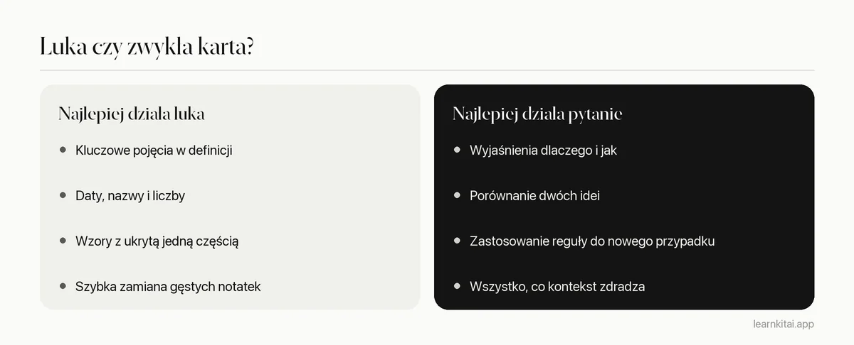 Porównanie, kiedy używać fiszek z lukami, a kiedy kart pytanie-odpowiedź