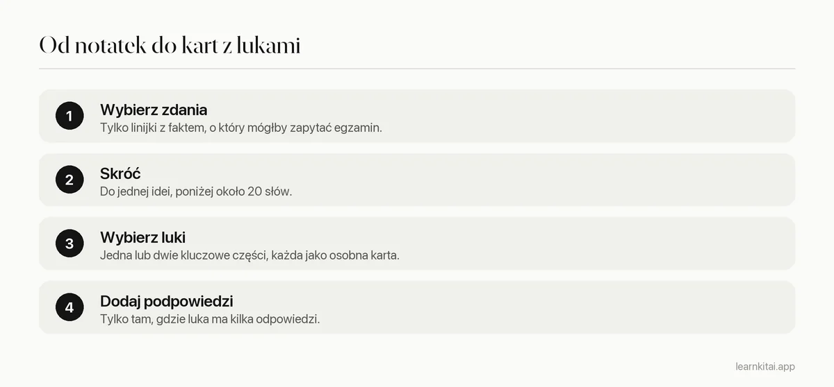 Cztery kroki: wybierz zdania do sprawdzenia, skróć każde, wybierz jedną lub dwie luki, dodaj podpowiedzi tam, gdzie trzeba