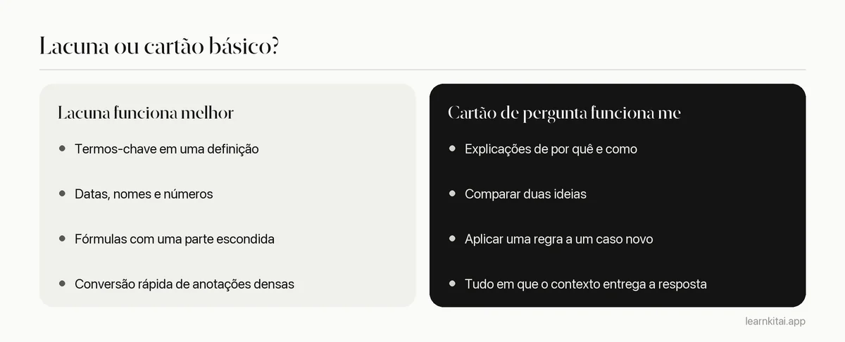 Comparação de quando usar cartões de lacuna e cartões de pergunta e resposta