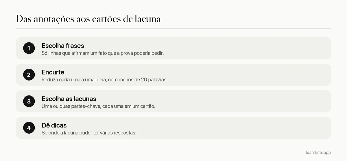 Quatro etapas: escolher frases testáveis, encurtar cada uma, escolher uma ou duas lacunas e dar dicas onde for preciso