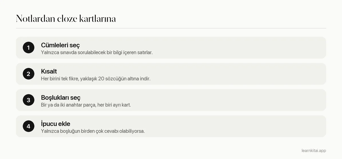 Dört adım: sınanabilir cümleleri seç, her birini kısalt, bir ya da iki boşluk seç, gerektiğinde ipucu ekle