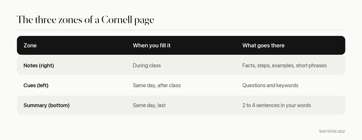 Three zones of a Cornell notes page with what goes in each one