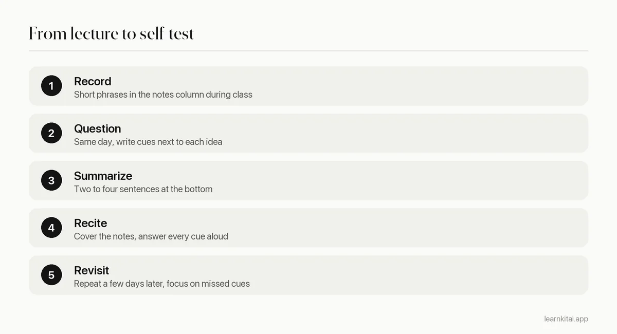 Five steps for reviewing a Cornell notes page from class to weekly review