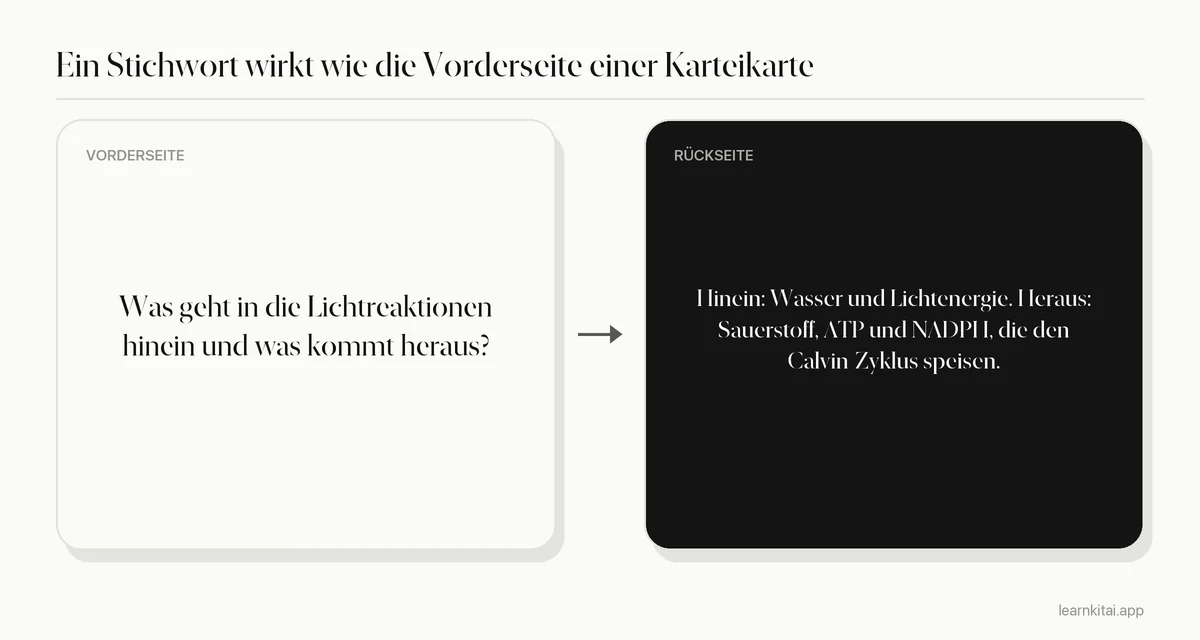 Beispielfrage aus der Stichwortspalte mit ihrer Antwort aus der Notizspalte