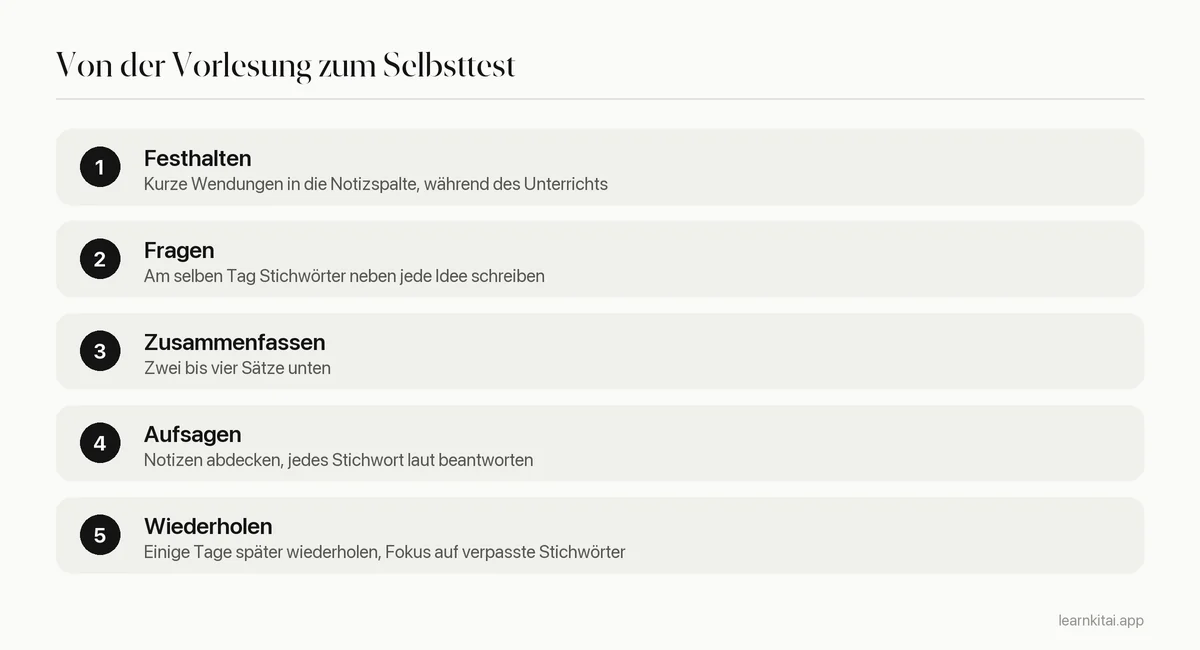 Fünf Schritte zum Wiederholen einer Cornell-Seite, vom Unterricht bis zur Wochenwiederholung