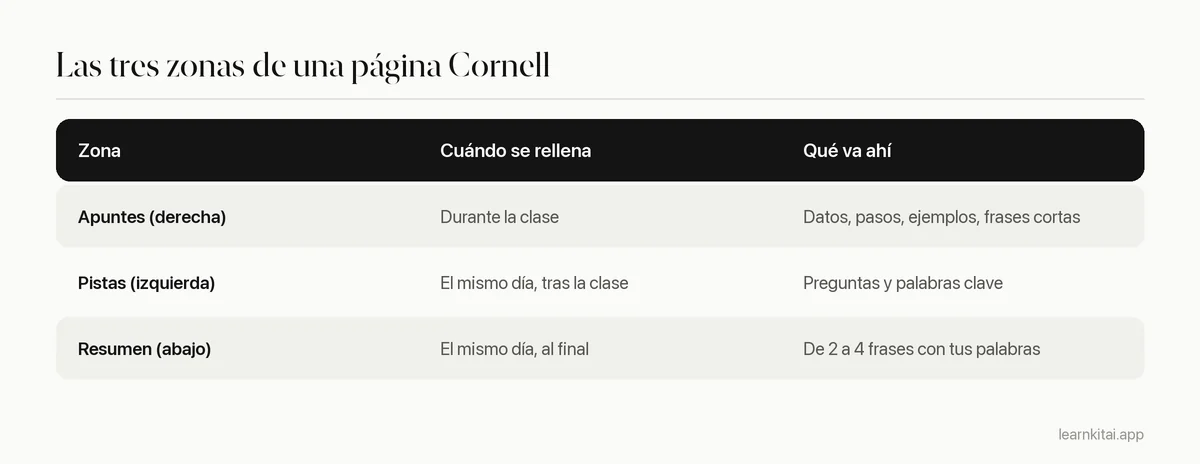 Tres zonas de una página Cornell y qué va en cada una