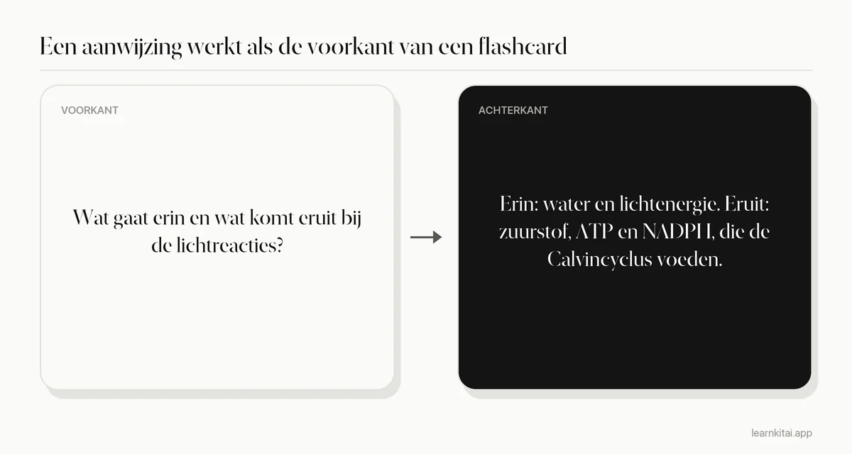 Voorbeeldvraag in de aanwijskolom met het antwoord uit de aantekeningenkolom