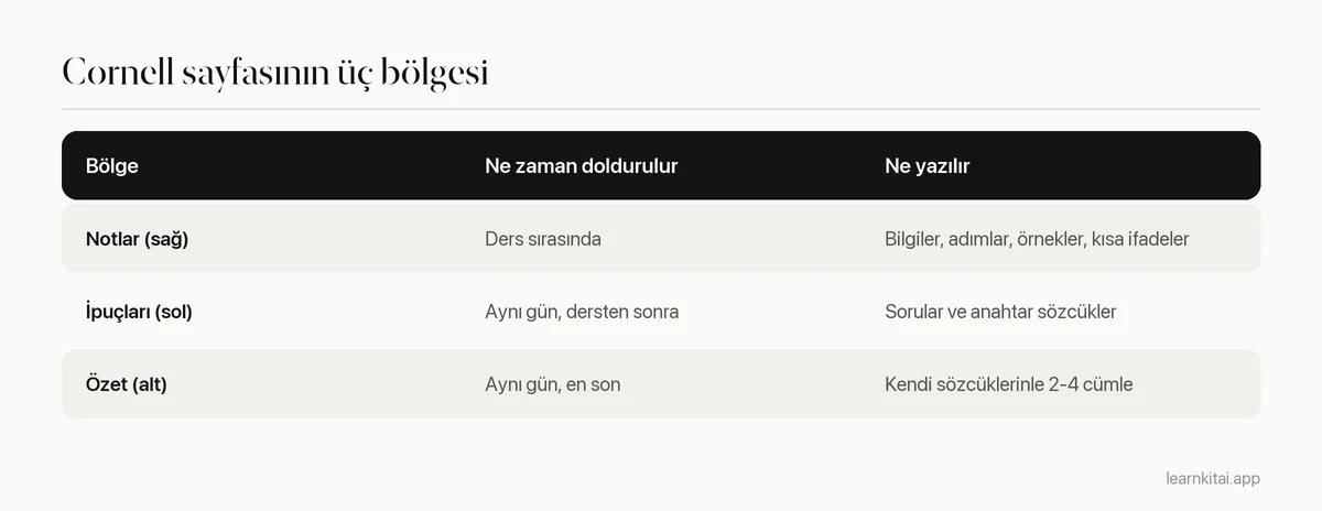 Bir Cornell not sayfasının üç bölgesi ve her birine ne yazıldığı