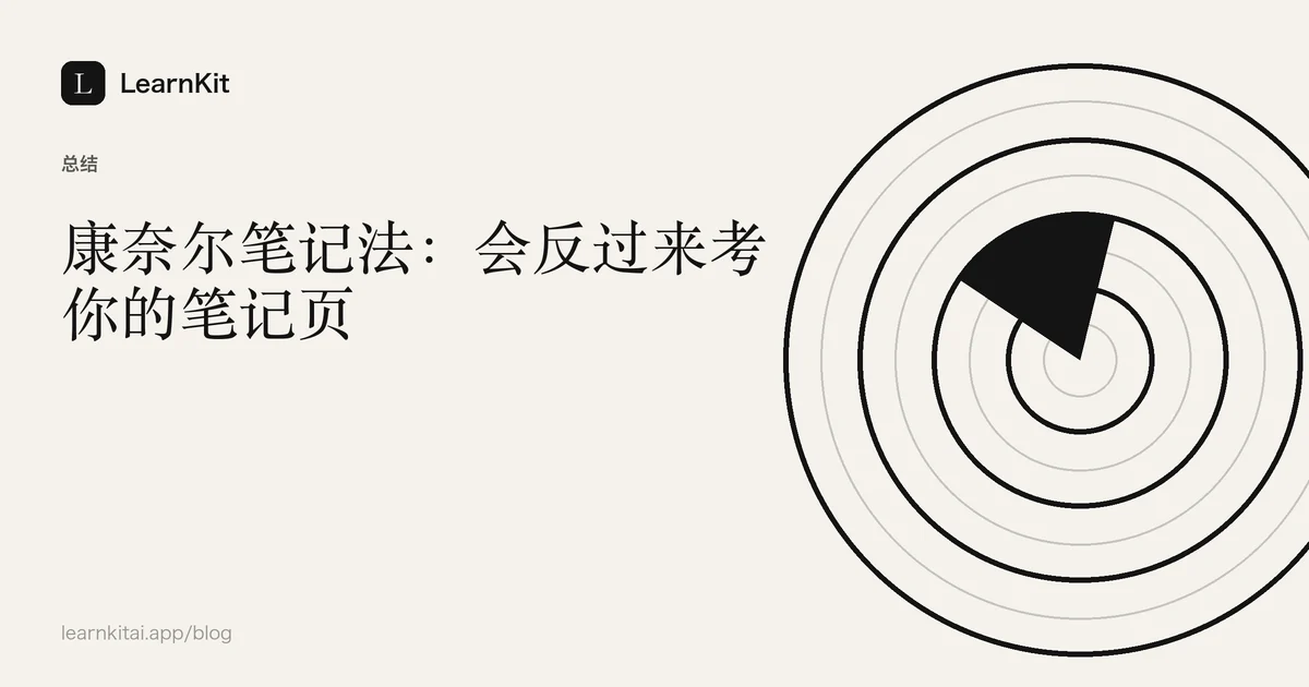 标题《康奈尔笔记法:会反过来考你的笔记页》,置于宁静的黑白图案之上