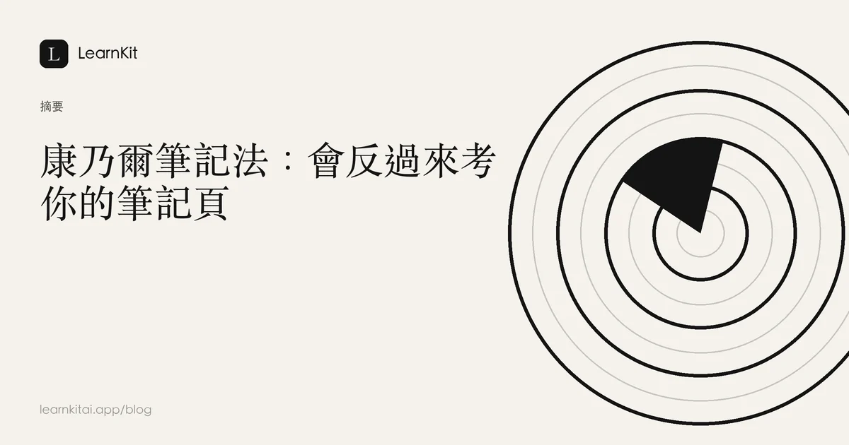 標題為「康乃爾筆記法：會反過來考你的筆記頁」，背景為沉靜的單色圖紋