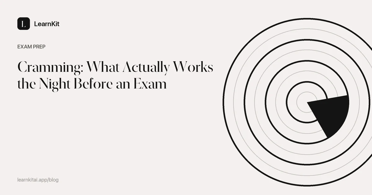 Article title Cramming: What Actually Works the Night Before an Exam over a calm monochrome pattern