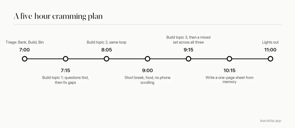 Timeline of a cramming evening from triage at 7 pm to lights out at 11 pm
