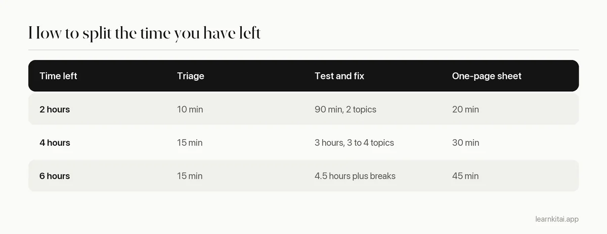 Table showing how to split two, four or six hours of last-minute study between triage, testing and summary