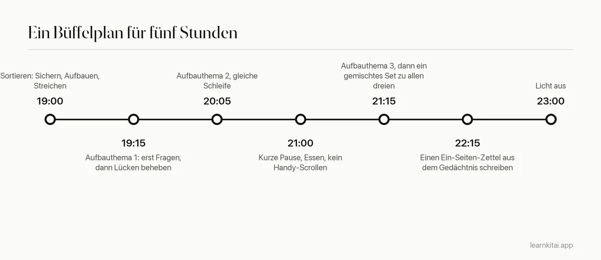 Zeitleiste eines Büffelabends, vom Sortieren um 19 Uhr bis zum Licht aus um 23 Uhr