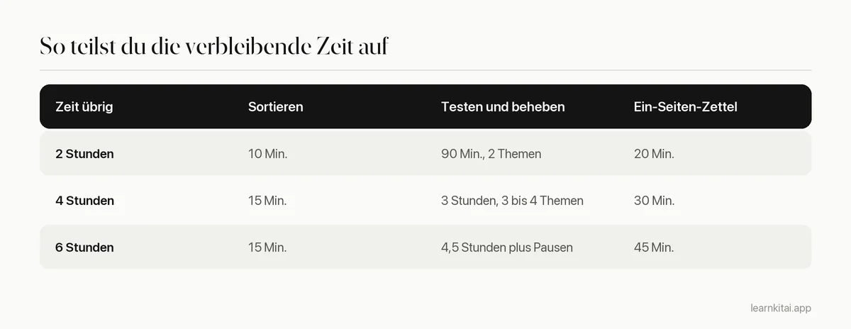 Tabelle, die zeigt, wie man zwei, vier oder sechs Stunden Lernen in letzter Minute auf Sortieren, Testen und Zusammenfassung aufteilt