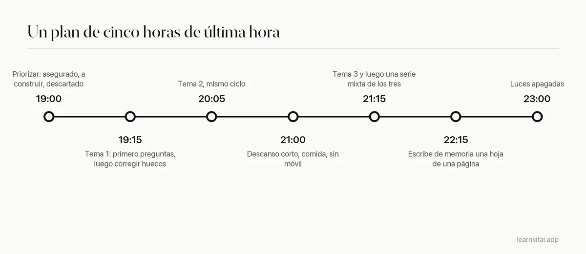 Cronograma de una tarde de estudio de última hora, desde priorizar a las 19:00 hasta apagar la luz a las 23:00