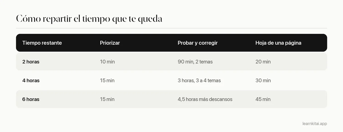 Tabla que muestra cómo repartir dos, cuatro o seis horas de estudio de última hora entre priorizar, practicar y hacer un resumen
