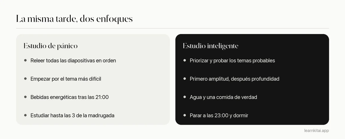 Comparación de hábitos comunes de estudio de última hora con mejores opciones para la misma tarde