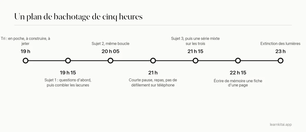 Chronologie d'une soirée de bachotage, du tri à 19 h à l'extinction des lumières à 23 h