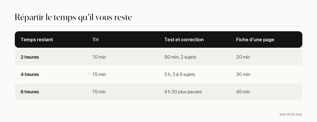 Tableau montrant comment répartir deux, quatre ou six heures de révision de dernière minute entre tri, test et résumé