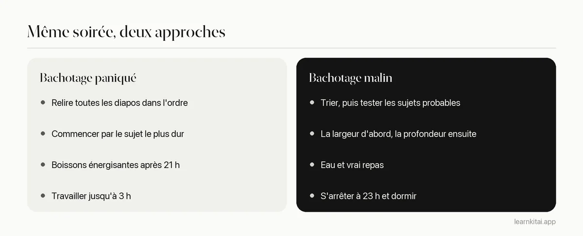 Comparaison d'habitudes de bachotage courantes avec de meilleurs choix pour la même soirée