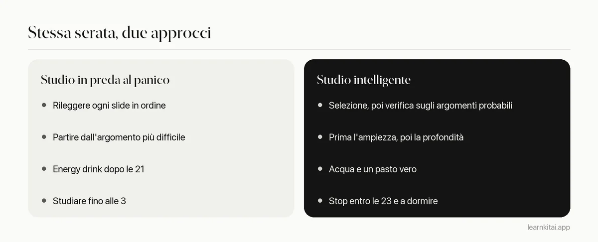 Confronto tra abitudini comuni di studio all'ultimo minuto e scelte migliori per la stessa serata