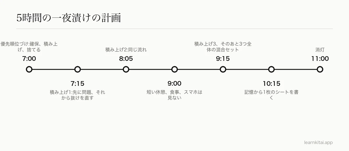 午後7時の優先順位づけから午後11時の消灯までの、一夜漬けの夜のタイムライン