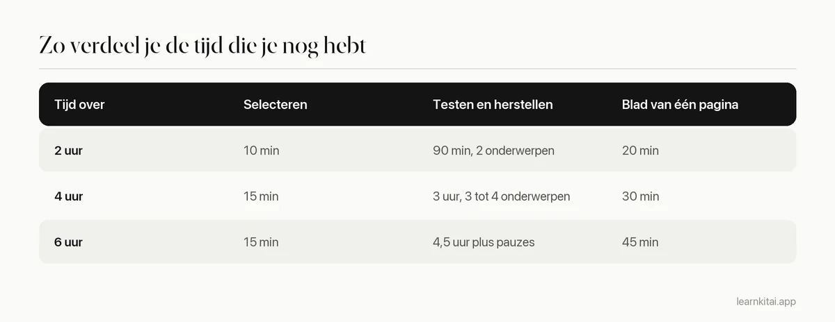 Tabel die laat zien hoe je twee, vier of zes uur leren op het laatste moment verdeelt over selecteren, testen en samenvatting