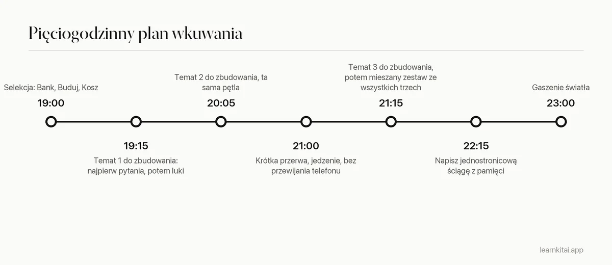 Oś czasu wieczoru wkuwania od selekcji o 19:00 do gaszenia światła o 23:00
