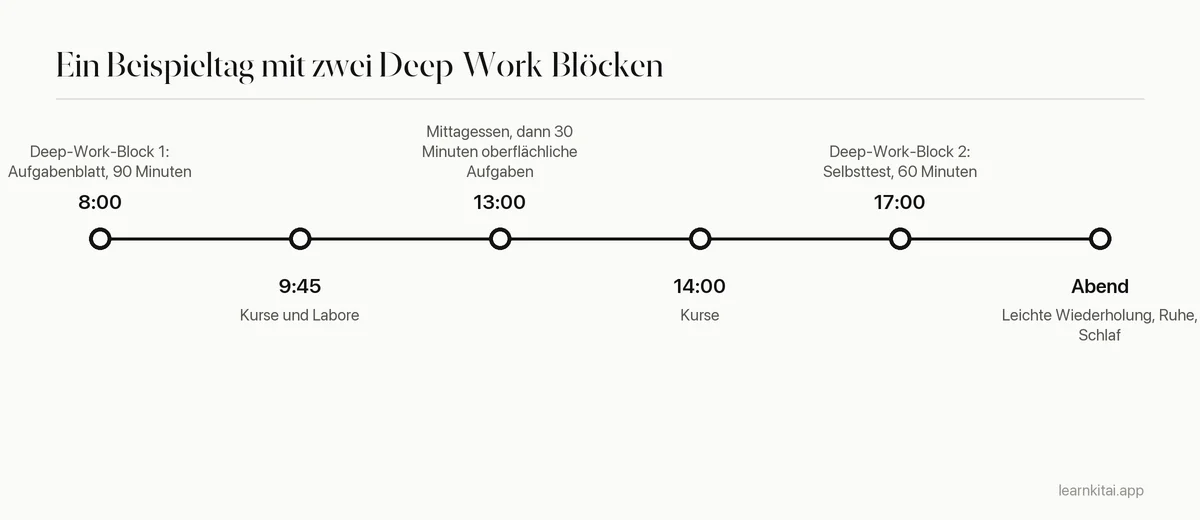 Zeitleiste eines Beispiel-Studientags mit zwei Deep-Work-Blöcken rund um den Unterricht