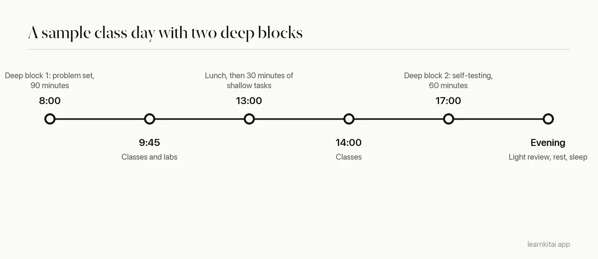 Timeline of a sample student day with two deep work blocks around classes