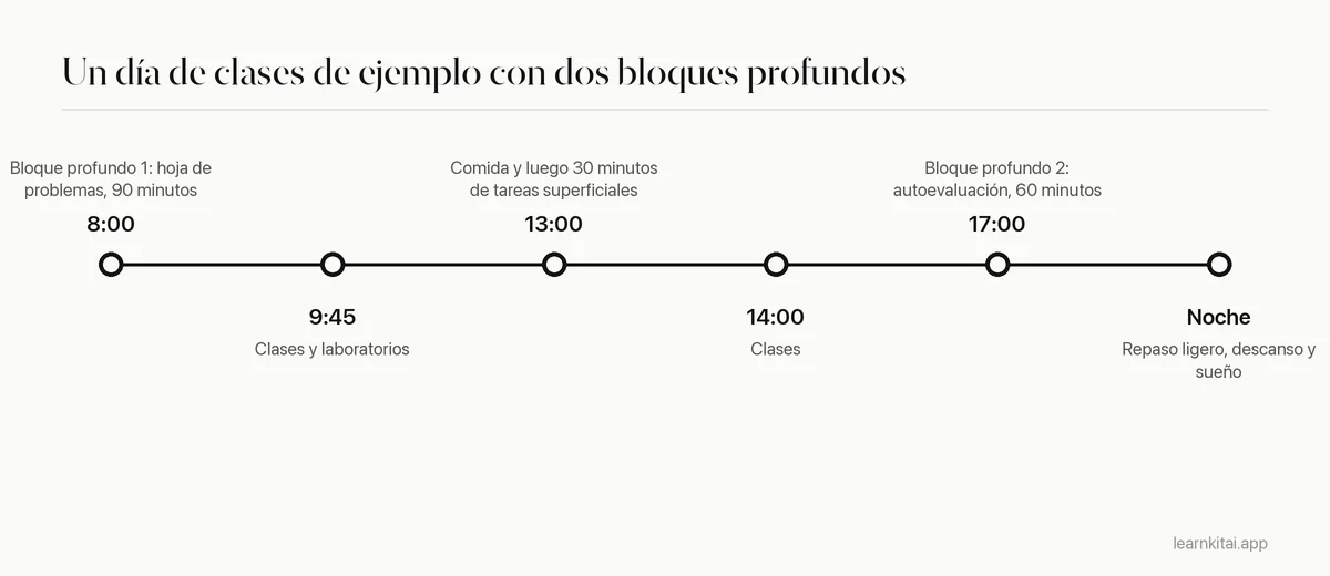 Cronograma de un día de estudiante de ejemplo con dos bloques de deep work entre clases