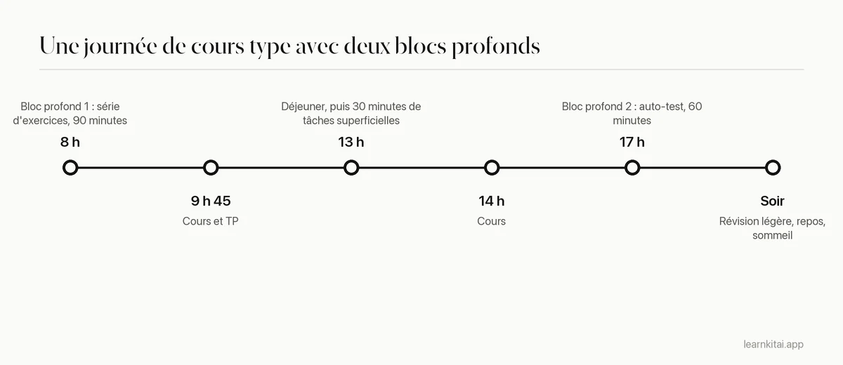 Chronologie d'une journée type d'étudiant avec deux blocs de deep work autour des cours