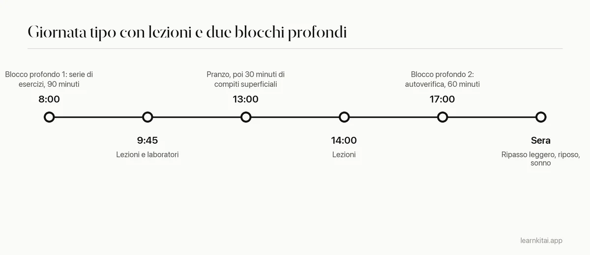 Cronologia di una giornata tipo di uno studente con due blocchi di deep work attorno alle lezioni