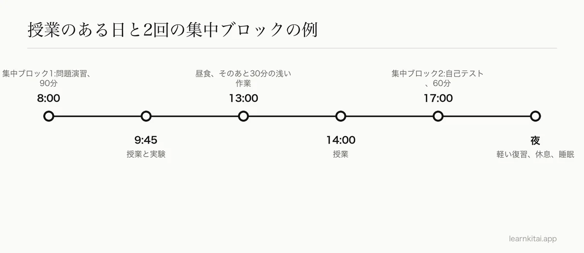 授業の合間に2回のディープワークの時間を入れた、学生の1日の例のタイムライン