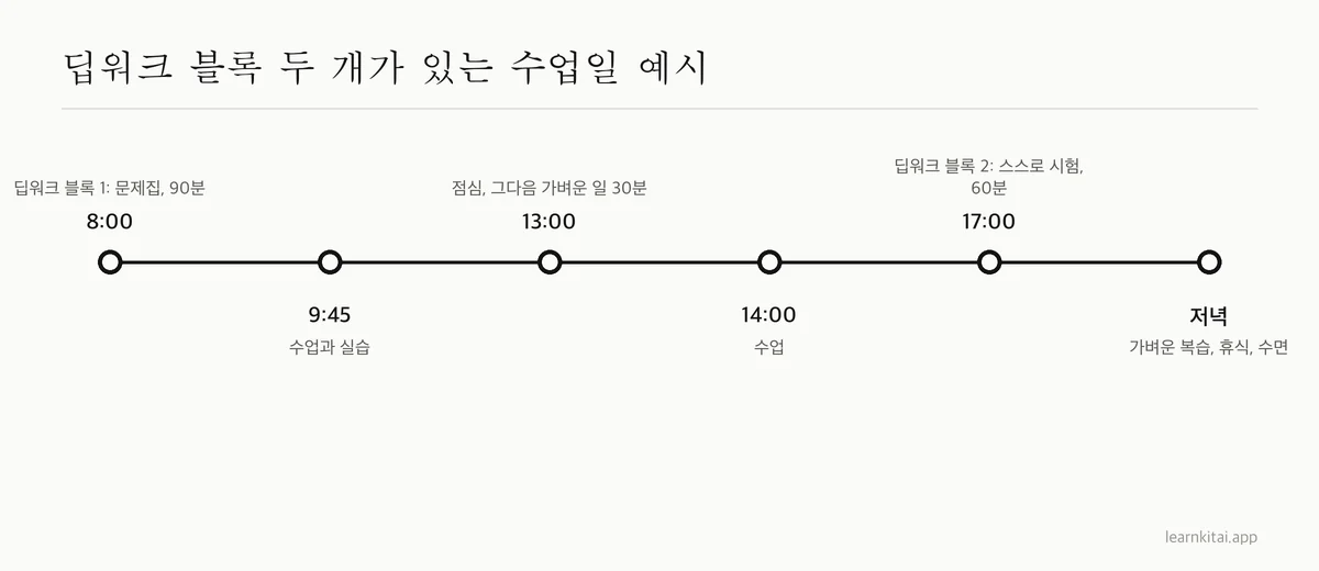 수업 사이에 딥워크 블록 두 개가 있는 학생의 하루 예시 일정