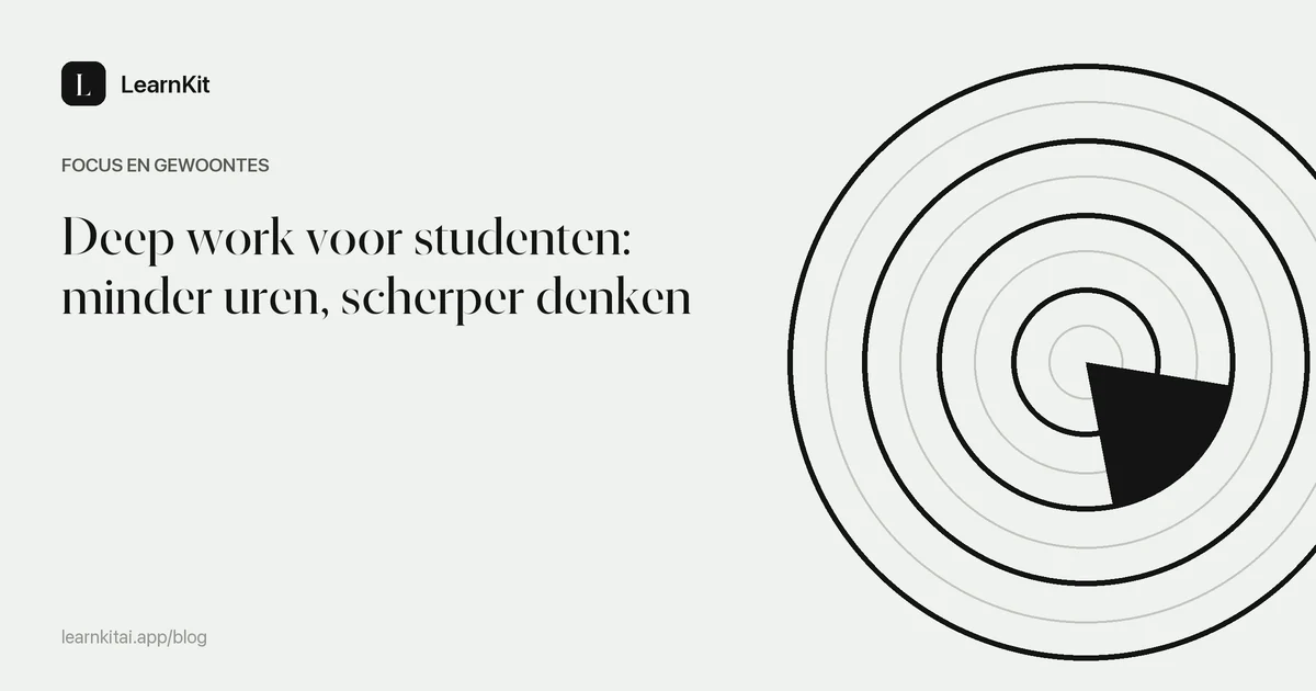 Artikeltitel Deep work voor studenten op een rustig monochroom patroon van geneste rechthoeken