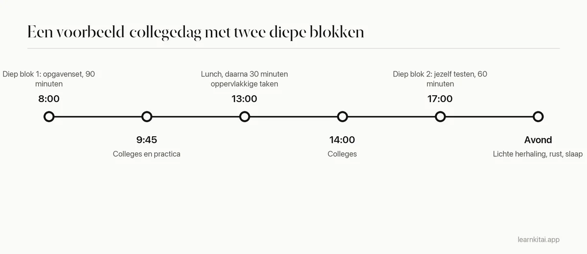 Tijdlijn van een voorbeelddag van een student met twee deep-workblokken rond colleges