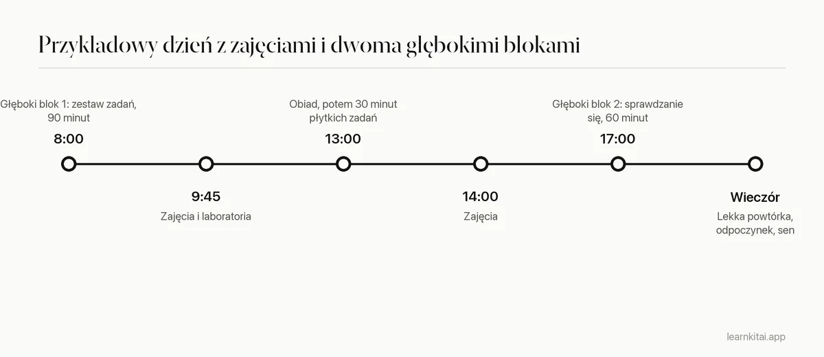 Oś czasu przykładowego dnia studenta z dwoma blokami deep work wokół zajęć