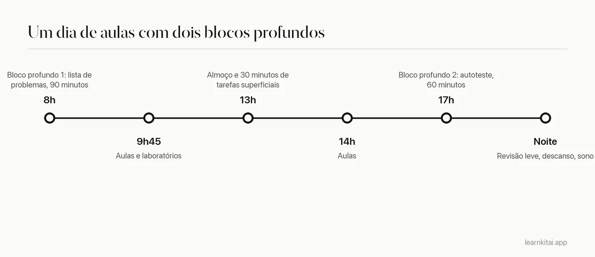 Linha do tempo de um dia de exemplo de um estudante com dois blocos de deep work entre as aulas