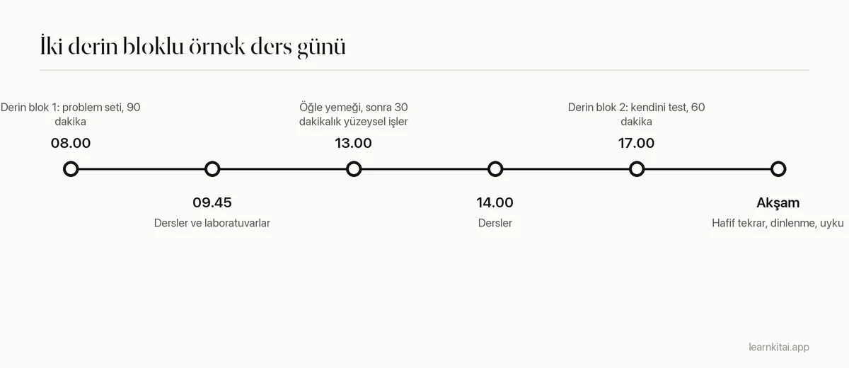 Derslerin etrafında iki derin çalışma bloğu olan örnek bir öğrenci gününün zaman çizelgesi