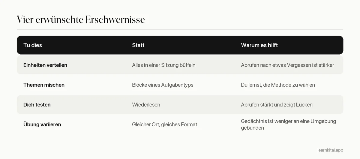 Tabelle mit vier erwünschten Erschwernissen, der leichteren Gewohnheit, die jede ersetzt, und warum sie hilft