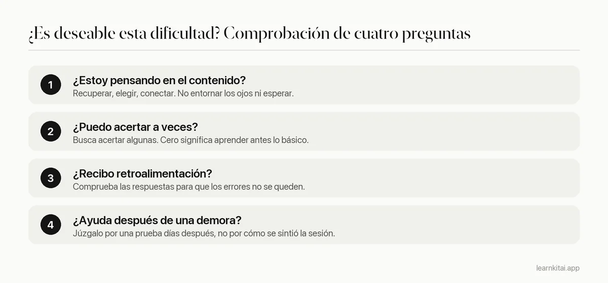 Comprobación de cuatro preguntas para decidir si una dificultad de estudio es deseable, desde pensar en el contenido hasta comprobar resultados tras una demora