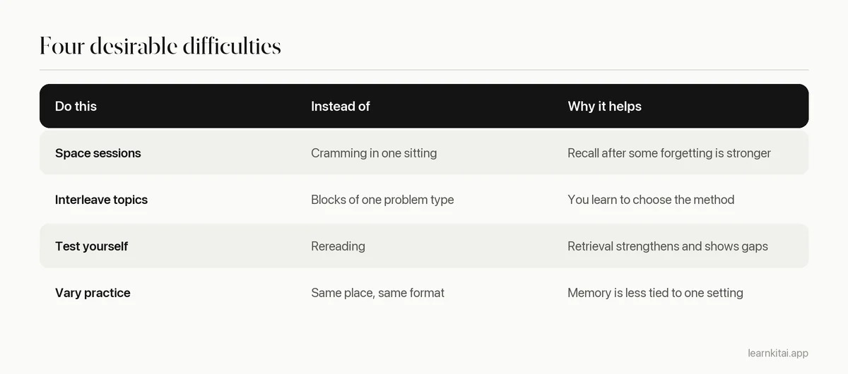 Table of four desirable difficulties, the easier habit each replaces, and why each one helps