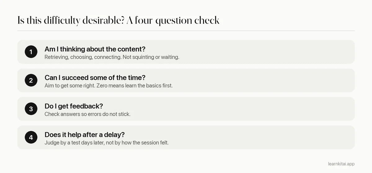 Four-question check to decide whether a study difficulty is desirable, from thinking about content to checking results after a delay